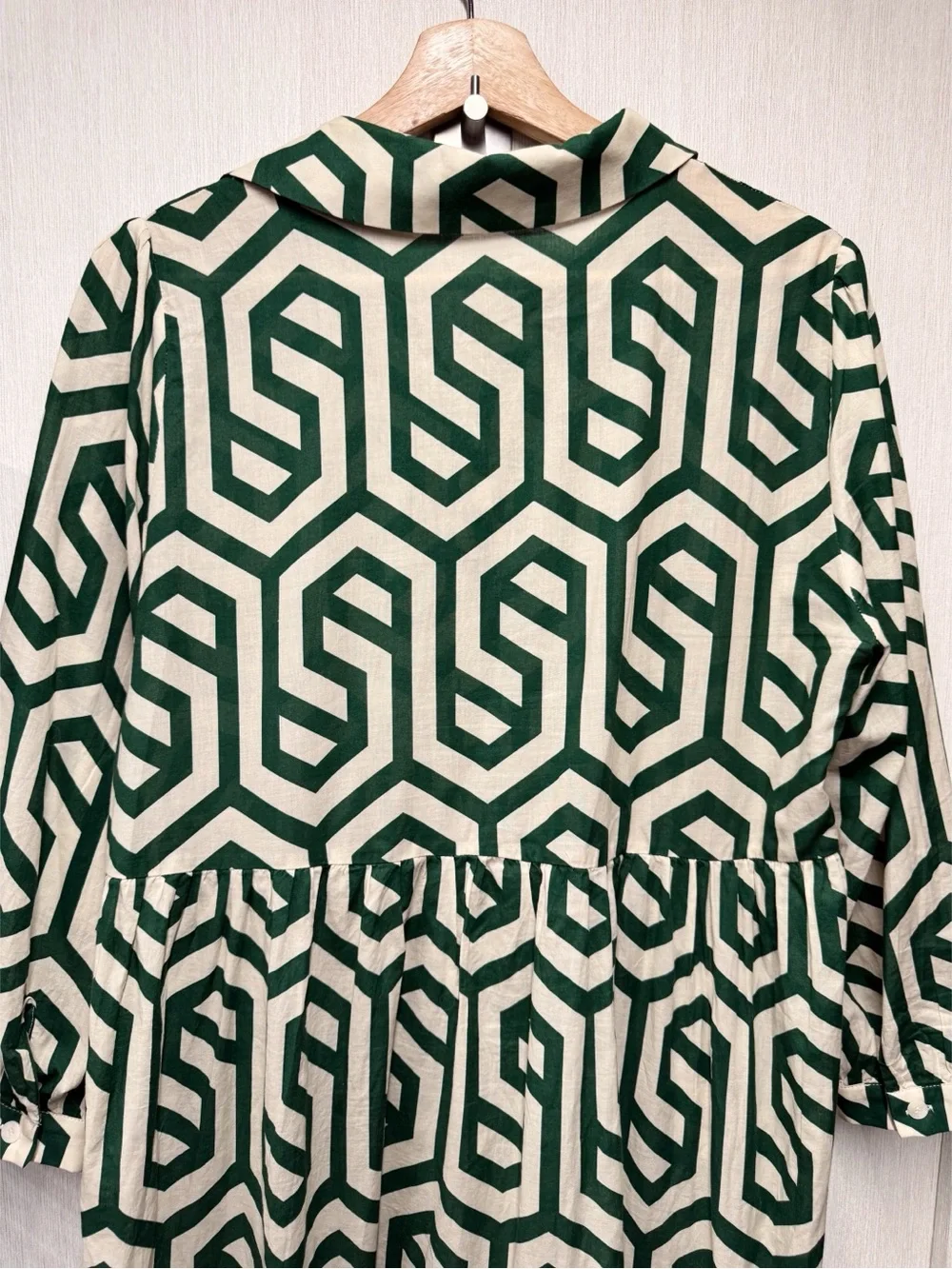 Zara The Karen Green Ivory Geometric Print Tiered Midi Dress, Size Large